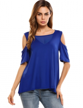 

Blue Cold Shoulder Half Sleeve Mesh Patchwork Loose Tops, Multicolor