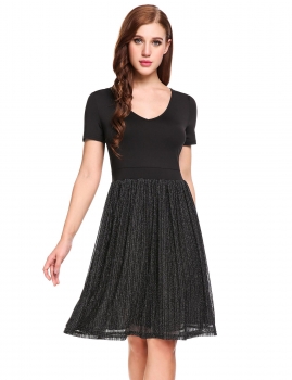 

Black Vintage Style V-Neck Short Sleeve Gliter Pleated Casual Dress, Multicolor