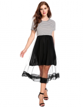 

Black Striped Patchwork Short Sleeve A-line Casual Dress, Multicolor