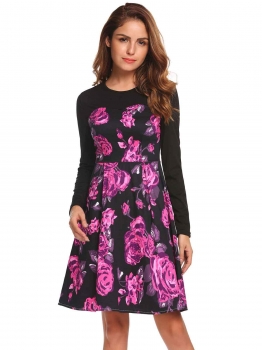 

Purple Long Sleeve Floral Patchwork Short Dress, Multicolor