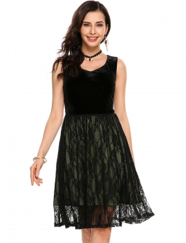 

Army green Velvet Patchwork A-Line Lace Hem Tank Dress, Multicolor