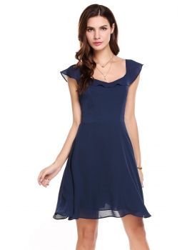

Navy blue Sleeveless Solid O Neck Lace-up Backless Vintage Style Party Dress, Multicolor