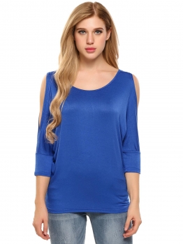 

Blue Solid Cold Shoulder Batwing Sleeve Slim Tops, Multicolor