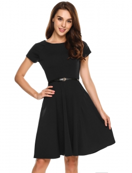 

Black Short Sleeve Solid Casual Belted A-Line Dress, Multicolor