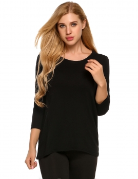 

Black Backless Criss Cross 3"4 Sleeve O Neck Solid High-Low T-Shirt, Multicolor