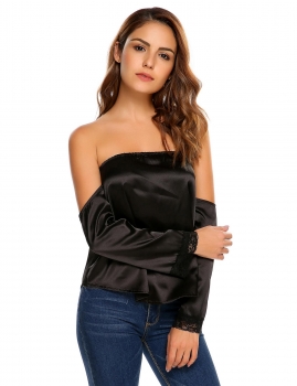 

Black Slash Neck Long Sleeve Lace Trim Satin Tops, Multicolor