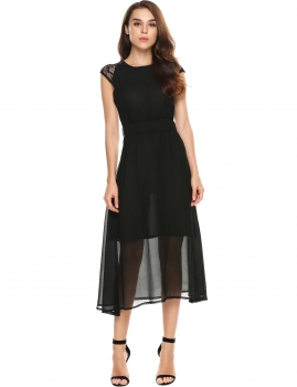 

Black Cap Sleeve Patchwork A-Line Chiffon Maxi Dress, Multicolor
