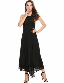 

Black Double Layers A-Line Pleated Hem Back Cross Chiffon Dress, Multicolor