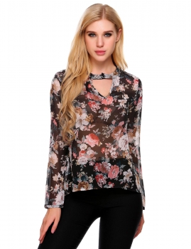 

Black Sexy Keyhole Floral Print Long Sleeve Chiffon Blouse, Multicolor