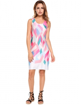 

Rose red Sleeveless Geometric Print Summer Beach Tank Going Out Dress, Multicolor