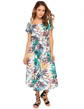 

Green Short Sleeve V Neck Floral Print Belted Dress, Multicolor