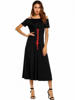 

Black Short Sleeve Cold Shoulder Lace Up Maxi Dress, Multicolor