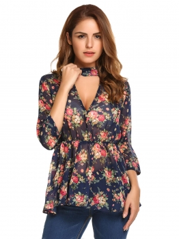 

Blue Floral Choker Neck 3"4 Sleeve Chiffon Peplum Blouse, Multicolor