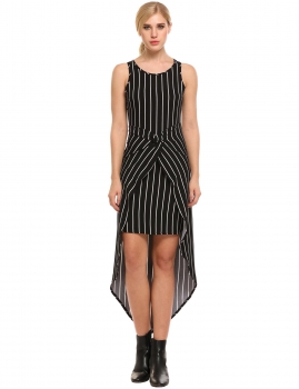 

Black Sleeveless Front Cross Striped Asymmetrical Dress, Multicolor