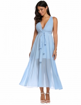 

Light blue V-Neck Sleeveless Bandage Chiffon Maxi Casual Dress, Multicolor