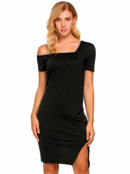 

Black Short Sleeve Solid One Shoulder Split Pencil Dress, Multicolor