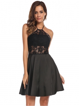 

Black Halter Backless Lace Patchwork Skater Dress, Multicolor