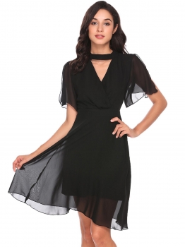 

Black Halter V-Neck Split Sleeve Fit and Flare Casual Party Dress, Multicolor