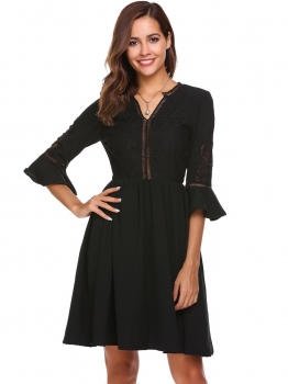 

Black V-Neck 3"4 Flare Sleeve Lace Patchwork Dress, Multicolor