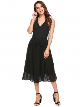

Black Open Back Solid Chiffon Dress, Multicolor