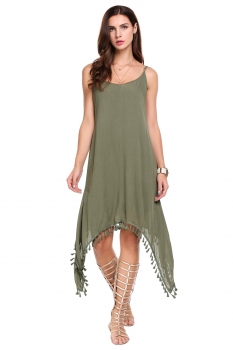 

Green Spaghetti Strap Ethnic Style Fringe Asymmetrical Hem Dress, Multicolor