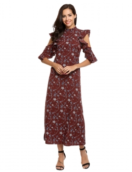 

Wine red Cold Shoulder Stand Neck Ruffled Half Sleeve Maxi Dress, Multicolor