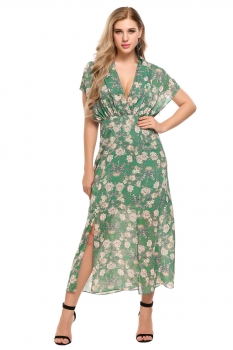 

Green Bohemian Style Deep V-Neck Floral Long Dress, Multicolor