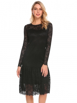 

Black Long Sleeve Lace Ruffled Hem Slim Dress, Multicolor