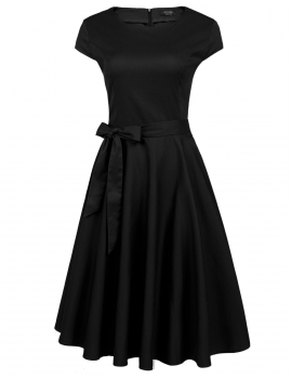 

Black Solid Cap Sleeve High Waist Large Swing Pleated Dress Solid Slim Party Knee with Belt, Multicolor
