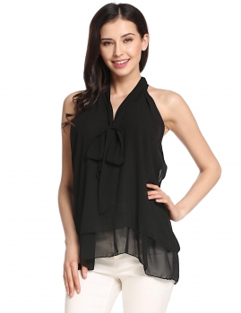 

Black Double Ruffle Asymmetrical Hem V-Neck Tie Tank Tops, Multicolor