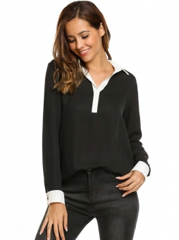 

Black Long Sleeve Loose Split Neck Solid Chiffon Blouse, Multicolor