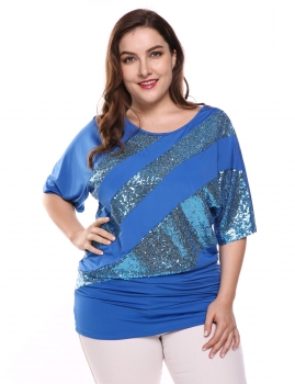 

Blue Sequins Patchwork Boat Neck Half Batwing Sleeve Elastic Plus Size Pullover Tops, Multicolor