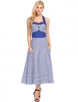 

Blue Vintage Styles Halter Plaid Backless Pleated Hem Dress, Multicolor