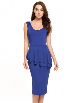 

Blue Solid Peplum Back V-Neck Bodycon Pencil Dress, Multicolor
