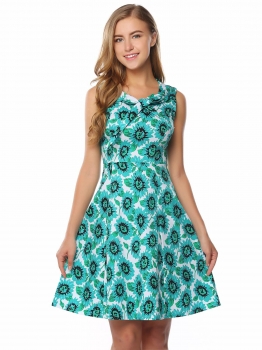 

Peacock Blue Sleeveless Floral Tie-Neck A-Line Dress, Multicolor