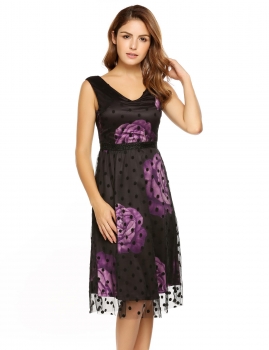 

Black Purple Sleeveless Dot Print V Neck A-Line Dress, Multicolor