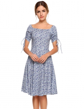 

Blue Vintage Short Sleeve Floral Print Square Neck Dress, Multicolor