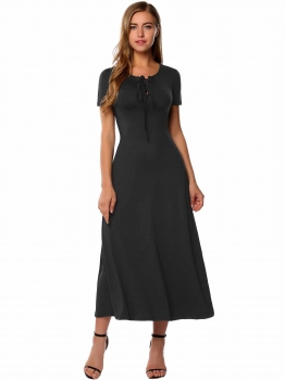 

Black Short Sleeve Plain Tie-Neck Solid Dress, Multicolor