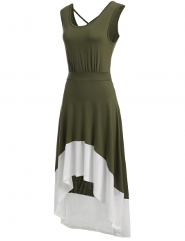 

Army green Sleeveless Patchwork Back V Neck Cross-strap Hollow Out Casual Dress, Multicolor