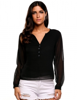 

Black New Women Casual V-Neck Long Sleeve Solid See-through Asymmetrical Hem Chiffon Shirts, Multicolor