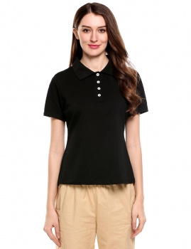 

Black Polo Collar Short Sleeve Solid Elastic Polo Shirt, Multicolor