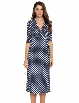 

Blue Turn Down Collar Half Sleeve Printed Retro Dress, Multicolor
