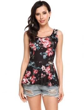

Black Floral Print Peplum Asymmetrical Hem Tank Tops, Multicolor