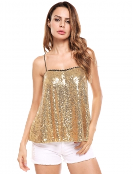 

Gold O-Neck Elastic Spaghetti Straps Sequins Camisole with Lining, Multicolor