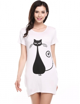 

White Animal Print Elastic Mid-Long Pockets O-Neck Short Sleeve T-Shirt, Multicolor