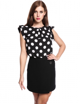

Black O-Neck Short Ruffle Sleeve Dot Chiffon Top, Multicolor
