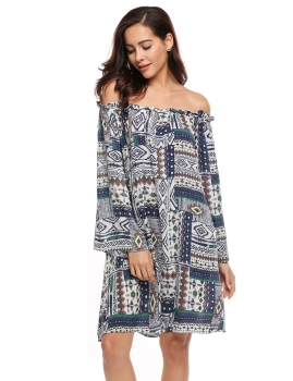 

Dark blue Flare Sleeve Off shoulder Geometric Shift Dress, Multicolor