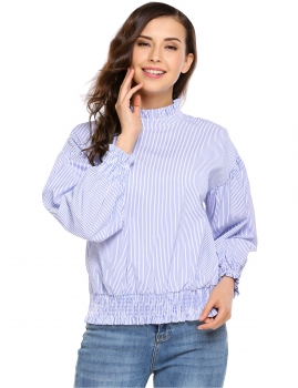 

Blue Puff Sleeve Stand Collar Striped Loose Elastic Waist Tops, Multicolor