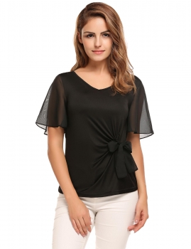 

Black Bell Sleeve V-neck Solid Bow Decor Slim Blouse, Multicolor
