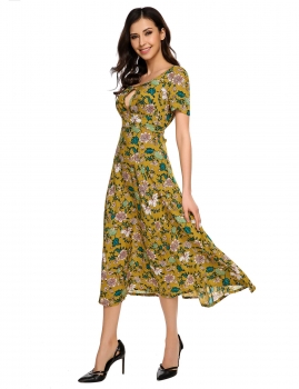 

Yellow O-Neck Keyhole Short Sleeve Floral Dress, Multicolor